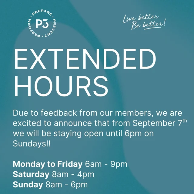 Exciting news! We have extended our opening hours on Sundays. From September 7th we will be opening from 8am - 6pm for your comfort and recovery. #p3 #recovery #goldcoastwellness #p3ashmore