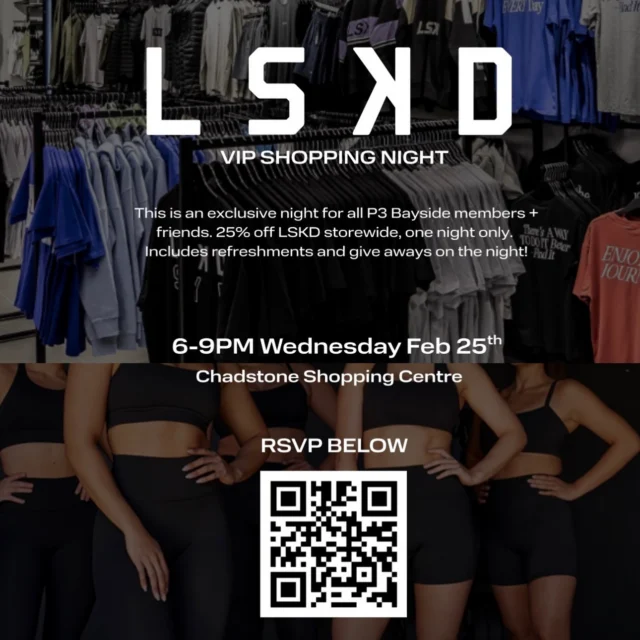 We have something for you! VIP Shopping Night 💌

You’re invited 🤍
Join us Wednesday 25th Feb for our VIP Shopping Night in collaboration with @lskd CHADSTONE.

Exclusive night to us… 25% off storewide.

Refreshments available on the night!

Everyone is welcome — the more the merrier.
Sign up via the QR code or DM us for the link 🛍️