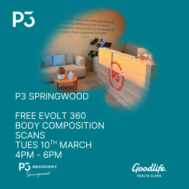 Today, Tuesday 10th March 2026 we will be hosting a FREE Evolt 360 Body Composition scan to our P3 Springwood members from 4pm - 6pm. Thanks to our NEW local partnership with @goodlifehc Springwood. Look forward to seeing you this afternoon! 
Thanks P3 Recovery Springwood Team.