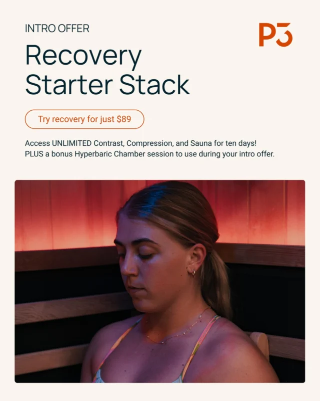Introduction offer 🚨

The recovery starter stack.

Try recovery at P3 Bayside for $89 — UNLIMITED contrast, compression & sauna for 10 days.

PLUS a bonus hyperbaric chamber session (worth $90) to use during your intro offer.

A perfect chance to get ahead on your recovery.

#recovery #offer #promotion #p3bayside