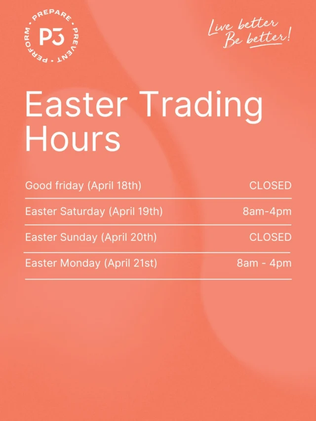 Long weekend incoming 🐰

Here are our opening hours so you can plan your visit. 

•Closed Friday April 18
•Open Saturday April 19 8am - 4pm
•Closed Sunday April 20
•Open Monday April 21st 8am - 4pm

See you soon.
- P3 Port Melb Team