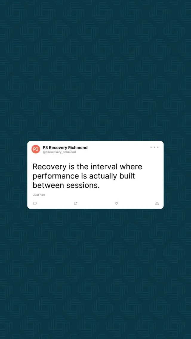 Recovery is the interval where performance is actually built between sessions 🧠💪

At P3 Richmond, we see recovery as the missing link between training hard and performing at your peak. It’s where your body adapts, repairs, and comes back stronger, not by doing more, but by recovering better.

When you prioritise recovery, you don’t just reduce fatigue, you unlock consistency, resilience, and long-term performance.

Ready to recover with intention?
📲 Visit P3 Richmond and experience smarter recovery today.

#P3Richmond #Recovery #PeakPerformance #TrainRecoverThrive #WellnessCommunity