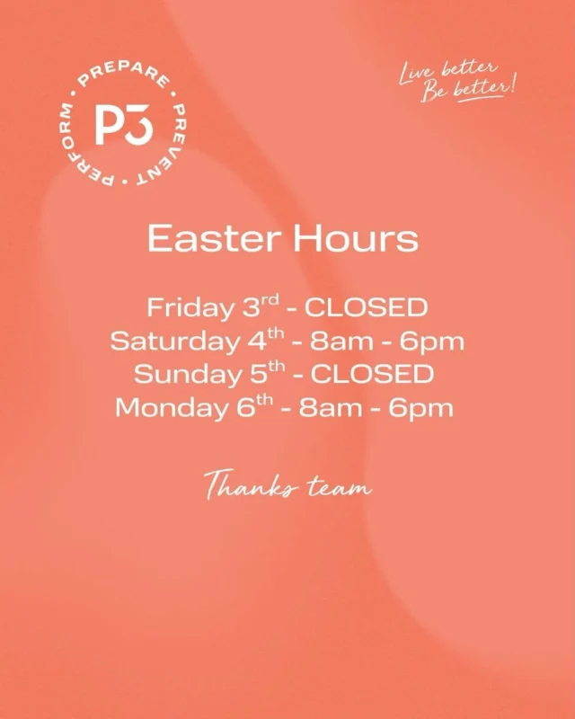 P3 Recovery Easter Weekend Hours are here! 🌸

We’re open all long weekend to help you rest, reset, and recover. Whether you’re bouncing back from training or just need some well deserved downtime, we’ve got you covered.

Wishing everyone a fun, relaxing, and safe Easter 🐣