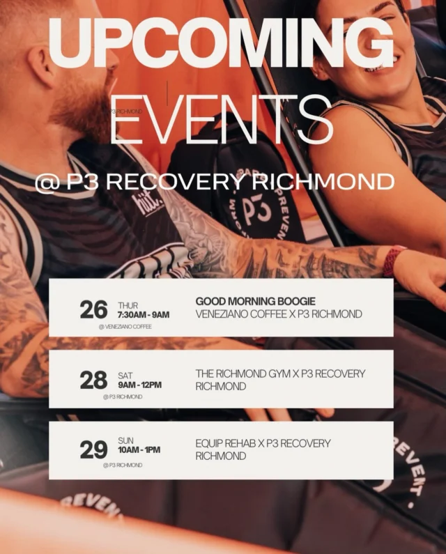 Big things happening at P3 Recovery Richmond 🔥

We’ve got a stacked weekend of events — from coffee catch-ups to recovery sessions with some of the best in the game. whether you’re coming to connect, train, or recover… we’ve got you covered.

Lock in the dates, Bring a friend & Come vibe with us 🧡

#p3recovery #richmond #melbournewellness #community #events