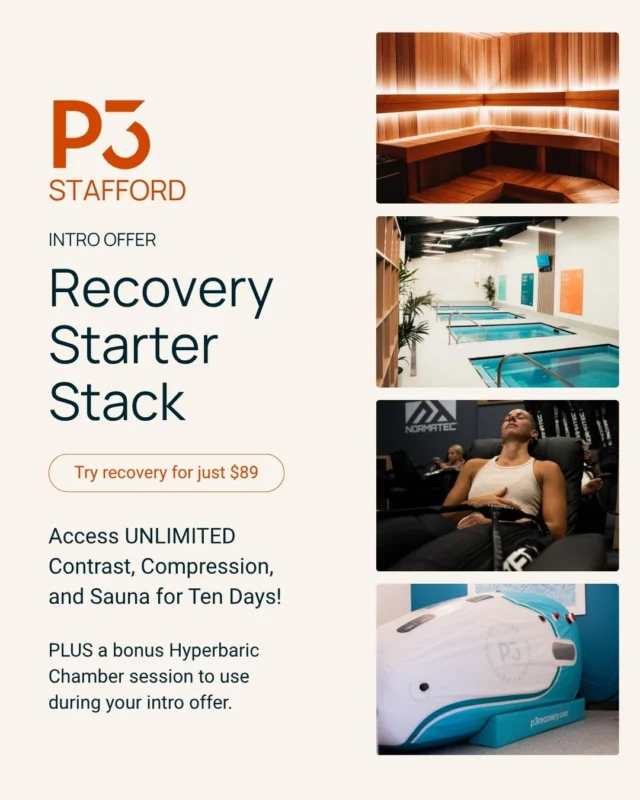 INTRODUCING OUR RECOVERY STARTER STACK

Experience everything P3 has to offer with our signature intro offer. 🔥

– 10 days unlimited access
– Contrast therapy (hot & cold magnesium pools)
– Infrared & traditional saunas
– Compression therapy
– Plus a bonus Hyperbaric Oxygen session

Designed to help you prepare, prevent, and perform at your best. 🧡🤍

Whether you’re new to recovery or ready to take it seriously, this is your place to start.

Download the P3 Recovery app or visit the link in our bio for more information.

Why wait. Recover today.
