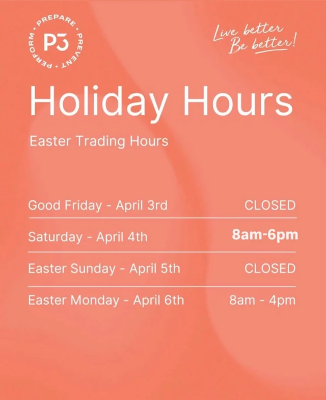 🐣 Easter Holiday Hours 🐣

Here’s when we’re open over the Easter long weekend:

• Good Friday – Closed
• Easter Saturday – Open 8:00 AM – 6:00 PM
• Easter Sunday – Closed
• Easter Monday – Open 8:00 AM – 4:00 PM 

Bookings available via the app or walk-in for casual visit. For further information, please feel free to give us a call on 04880687726.

Wishing everyone a safe and happy Easter, 

P3 Stafford Team 🩵🤍🧡