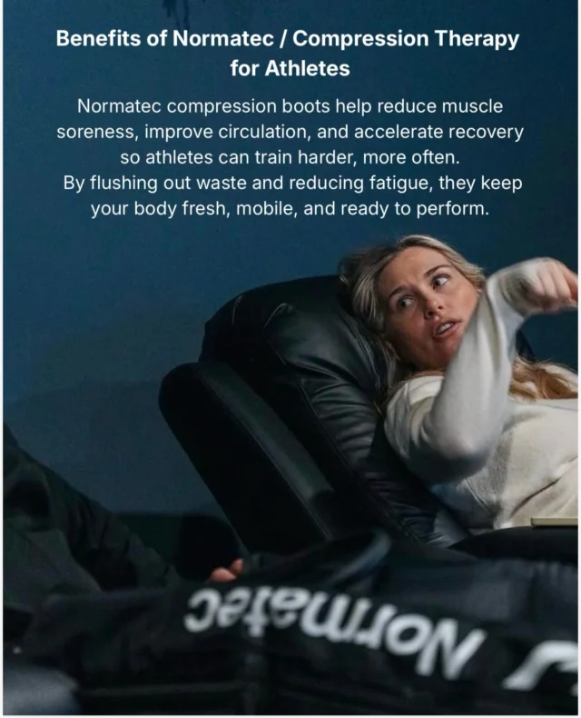 Normatec compression therapy uses dynamic air
pressure to stimulate circulation and support the body’s
natural recovery process.

By moving blood and oxygen more efficiently through
the muscles, it helps remove metabolic waste, reduce
muscle soreness, and minimise post training
inflammation.

This improved circulation also supports lymphatic
drainage, which can reduce swelling and promote
faster recovery between sessions.
For athletes, this means less fatigue, improved mobility,
and the ability to maintain performance across training
and competition.

Incorporating compression therapy into your routine
allows your body to recover more effectively, so you
can train consistently and perform at a higher level.

#athlete #sport #recovery #compression #performance