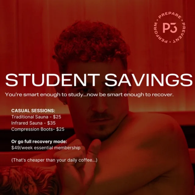 Student life can be stressful – long study sessions, sports, late nights, exams… your body and mind deserve a reset.

That’s why at P3 Bayside, we’ve got special student pricing to make recovery affordable.

Infrared + Traditional Sauna
Ice, hot, warm and cold Magnesium Pools
Compression Boots
Hyperbaric Chamber

Because peak performance isn’t just for athletes it’s for students too.

Show your student ID and take advantage of our discounted rates today.

#student #recovery #icebath #sauna #p3recoverybayside
