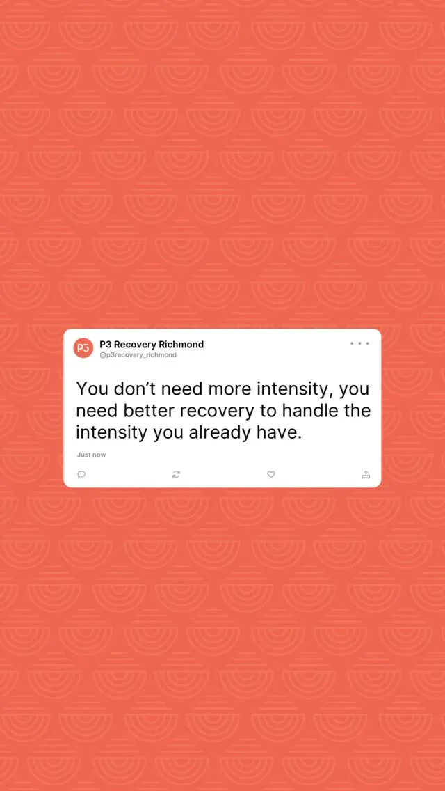 You don’t need more intensity, you need better recovery to handle the intensity you already have ⚡️

Pushing harder isn’t always the answer. If your body isn’t recovering properly, more intensity just leads to fatigue, plateaus, and higher risk of injury.

Real progress happens when your body has the time and support to repair, adapt, and come back stronger. That’s where recovery makes the difference.

Want to feel the difference?
📲 Come in and try it at P3 Richmond today.

#P3Richmond #Recovery #TrainRecoverThrive #WellnessCommunity #Longevity