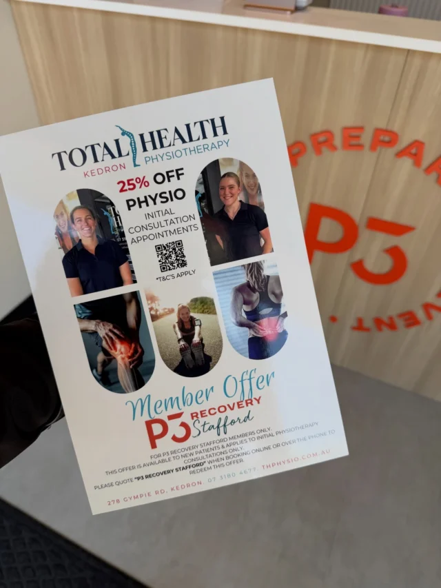 An Evening with Total Health Physiotherapy 🤍

We’re so excited to be hosting the incredible Katherine from Total Health Physiotherapy right here in our performance lounge for a special community event.

Join us for an educational seminar focused on:
Strength training as we age + the importance of recovery @total_health_physiotherapy 

📍 P3 Recovery Stafford – Performance Lounge
📅 Wednesday 15th April
⏰ 6:00pm
🎟 Free event | Open to all

This is your chance to connect with an expert, ask questions, and build a deeper understanding of how your body works — and the simple things you can do to continue feeling strong, capable, and living your best life.

We’re so proud to partner with businesses who align so closely with our values and community.

Tag a friend who would love this
Spots are limited — please reach out to secure your place.