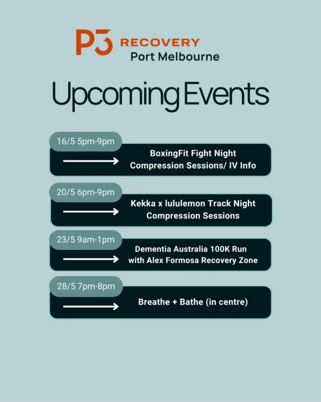 Big few weeks ahead for P3 Port Melbourne.

From fight nights and track sessions to community recovery and breath work, we’re building more ways to move, reset and connect with good people.

See you soon 💪🏼

#p3recovery #p3portmelbourne #everydayrecovery #recoverystartshere #melbournewellnes