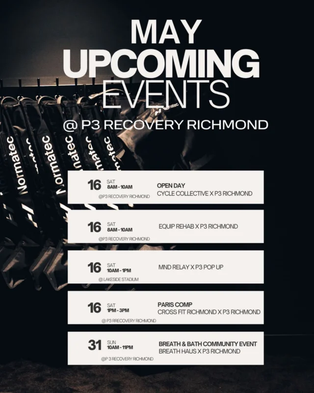 BIG month ahead at P3 Richmond ⚡️

We’re bringing together recovery, movement, performance & community for the rest of MAY — with some epic local collaborations along the way.

📍16 MAY
☕ OPEN DAY — 8AM–10AM
with Cycle Collective x P3 Richmond
@ P3 Richmond

🏋️ EQUIP REHAB x P3 — 8AM–10AM
@ P3 Richmond 

💙 MND RELAY POP UP — 10AM–1PM
@ Lakeside Stadium

🔥 PAIRS COMP — 1PM–3PM
with CrossFit Richmond x P3 Richmond
@ P3 Richmond

📍31 MAY
🧘 BREATH & BATH COMMUNITY EVENT
with Breath Haus x P3 Richmond
@ P3 Richmond

Whether you’re training, recovering, competing or just keen to connect — there’s something for everyone this month.

See you there 🤝