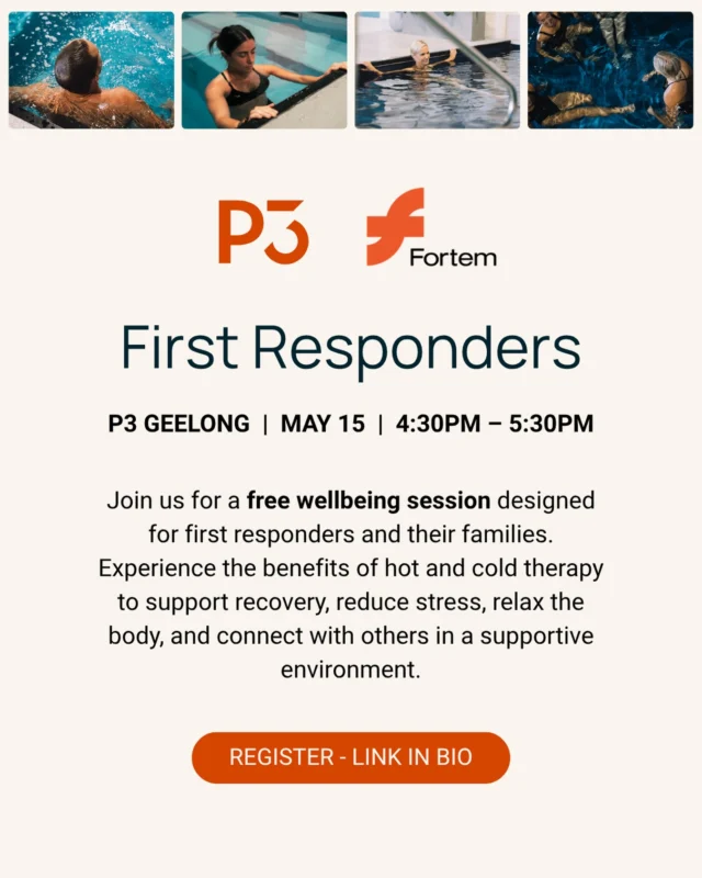 We’re proud to be partnering with @fortemaustralia to host a free wellbeing session right here at P3 Geelong 🙌

Fortem Australia supports the wellbeing of first responders and their families — and we’re opening our doors to give them a space to recover, decompress and connect 💙

📅 May 15
⏰ 4:30PM – 5:30PM
📍 P3 Recovery Geelong
💛 Free to attend

If you or someone you know is a first responder — please share this and help us spread the word. These people give so much to our community, and this is our small way of giving back 🤝

Register via the link in our bio 👆
@fortemaustralia 

#p3recovery #geelongrecovery #p3geelong #geelongwellness #contrasttherapy