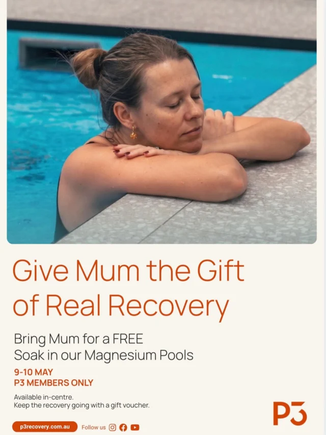 Happy Mother’s Day to all the amazing P3 mums 💐
Today is all about slowing down, recharging, and taking time for real recovery. Bring someone special in to enjoy a FREE soak in our relaxing magnesium pools at P3 Recovery 🌊✨ 📍 Today Only
💧 Bring someone special for a FREE soak in our magnesium 🎟️ P3 Members Only  Whether it’s your mum, daughter, partner, or someone who deserves a little extra care, we’d love to help you celebrate together 💕  P3 Team 🧡🤍🩵