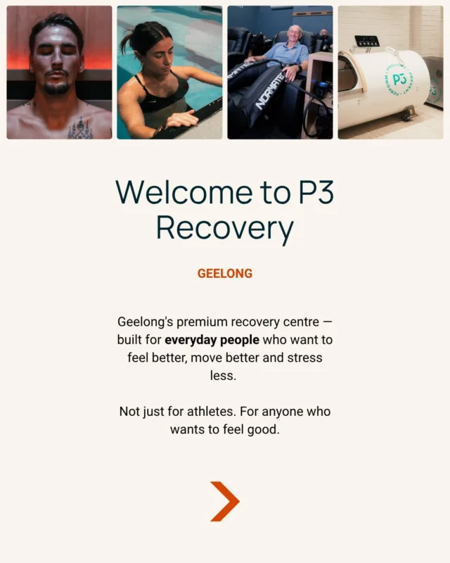 Not just for athletes. For anyone who wants to feel good 🙌

P3 Recovery Geelong is Geelong's dedicated recovery centre — built for everyday people who want to feel better, move better and stress less.

Whether you're a weekend warrior, a shift worker, a busy parent or just someone who's tired of feeling tired — this place is for you.

Here's what's waiting inside:
🔥 Infrared Sauna
❄️ Contrast Pools
🦵 Compression Therapy
🫁 Hyperbaric Oxygen Chamber

Come in once and you'll wonder why you waited so long.

👉 Tap the link in bio to download the P3 App and book your first visit.

📍 P3 Recovery Geelong

#p3recovery #geelongrecovery #recoveryforeveryone #geelongwellness #winterwellness