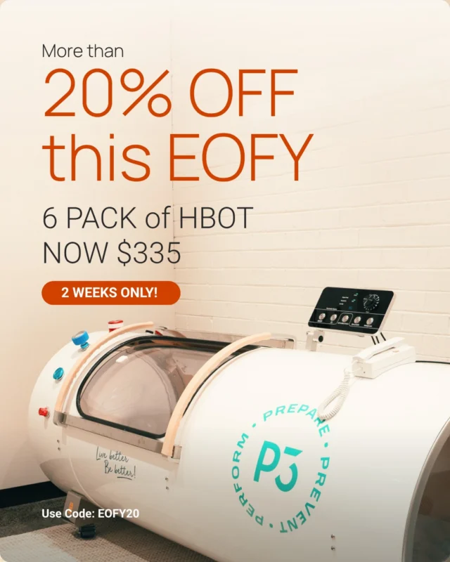 Our biggest sale of the year on hyperbaric!

⚡ EOFY Pack Sale — more than 20% OFF ⚡

Available 16–30 June only.

🫁 6 x Hyperbaric Oxygen Therapy sessions

More than 20% off RRP — limited to 2 weeks only.

If you've been wanting to commit to consistent recovery using the hyperbaric, EOFY is literally giving you the reason to do it now.

Use code **EOFY20** at checkout 👉 Tap the link in bio & download our P3 App to purchase.

Ends 30 June. Don't sleep on it 💪

📍 P3 Recovery Geelong

#p3recovery #eofysale #geelongrecovery #hyperbaric #eofy2026