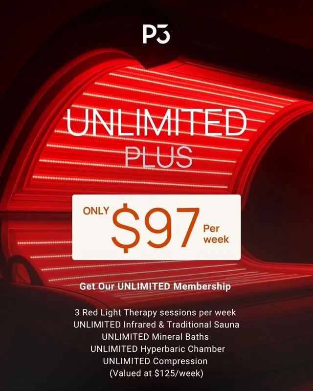 Everything. Unlimited. $97/week

Our Unlimited Plus membership gives you full access to the complete P3 Recovery experience — no limits, no counting sessions, just showing up whenever you need it.

✅ 3 x Red Light Therapy sessions per week
✅ Unlimited Infrared & Traditional Sauna
✅ Unlimited Mineral Baths
✅ Unlimited Hyperbaric Chamber
✅ Unlimited Compression Therapy

Valued at $125/week. Yours for $97.
This is recovery done properly