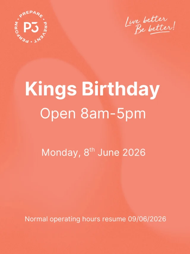 We are OPEN Kings Birthday Public Holiday🩵

Reduced opening hours 8am- 5pm so you can still get in your recovery!

Bookings made via P3 Recovery App