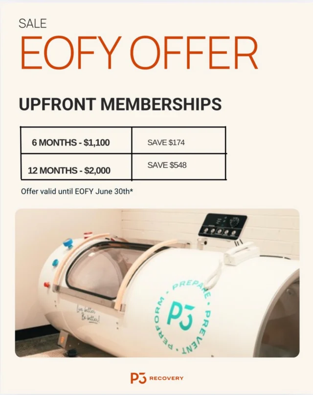 🔥 EOFY SALE IS HERE! 🔥

Invest in your recovery before the end of financial year and save big with our upfront membership offers:

✔️ 6 Months – $1,100 (Save $174)
✔️ 12 Months – $2,000 (Save $548)

Whether you’re training hard, competing, or simply looking after your health, now is the perfect time to lock in your recovery routine and take advantage of these EOFY savings.

📩 Message us “EOFY” to find out more, or pop into the studio and our team will help you find the membership option that suits you best.

⏳ Offer valid until June 30.

#P3Recovery #EOFYSale #RecoveryMatters #InvestInYourHealth #EOFYDeals