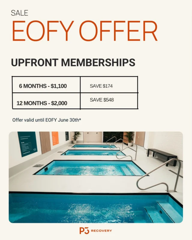 🔥 EOFY SALE IS HERE! 🔥

Invest in your recovery before the end of financial year and save big with our upfront membership offers:

✔️ 6 Months – $1,100 (Save $174)
✔️ 12 Months – $2,000 (Save $548)

Whether you’re training hard, competing, or simply looking after your health, now is the perfect time to lock in your recovery routine and take advantage of these EOFY savings.

📩 Message us “EOFY” to find out more, or pop into the studio and our team will help you find the membership option that suits you best.

⏳ Offer valid until June 30.

#P3Recovery #EOFYSale #RecoveryMatters #InvestInYourHealth #EOFYDeals