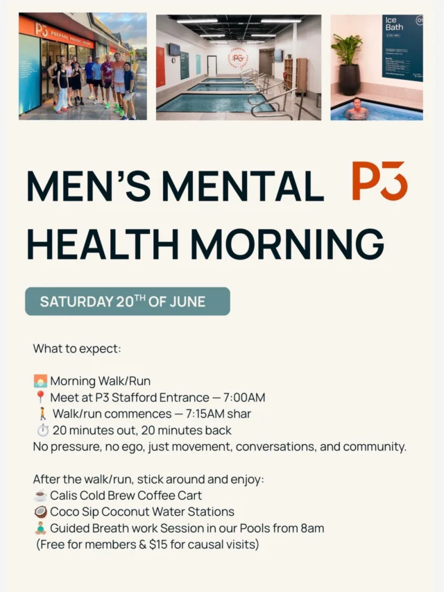 P3 Stafford are bringing the community together for a powerful morning of movement, recovery and connection, all in support of men’s mental health.

Whether you’re looking for a reset, showing up for a mate, or simply wanting to be surrounded by good people and positive energy, this event is for you. Expect our contrast pools, breath work session, meaningful conversations, and a supportive atmosphere focused on breaking down stigma and encouraging men to talk openly about their mental health.

Because checking in on your mates should be normal. Because showing up matters. Because no bloke should struggle alone.

With love P3 Stafford Team 💙