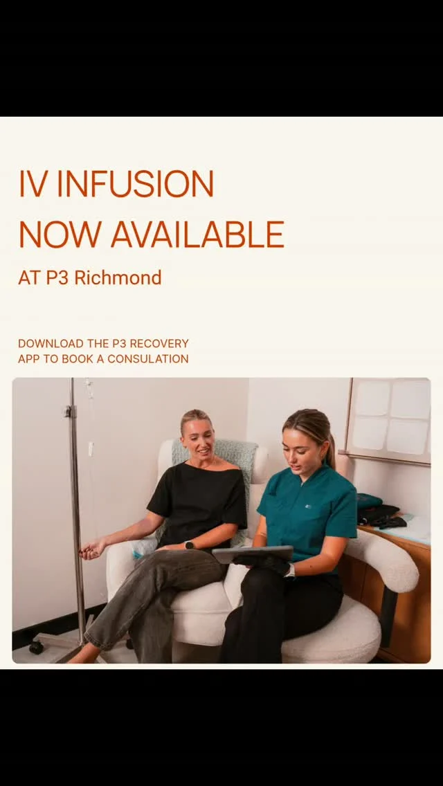 IV Infusion is now available at P3 Richmond. 

Tailored IV formulations, delivered by our qualified nursing team in a calm, comfortable setting, designed to support how you recover, perform, and feel.

Every session starts with a proper consultation, so your treatment is matched to you.

📲 Download the P3 Recovery app to book your consultation.
📍 P3 Recovery Richmond