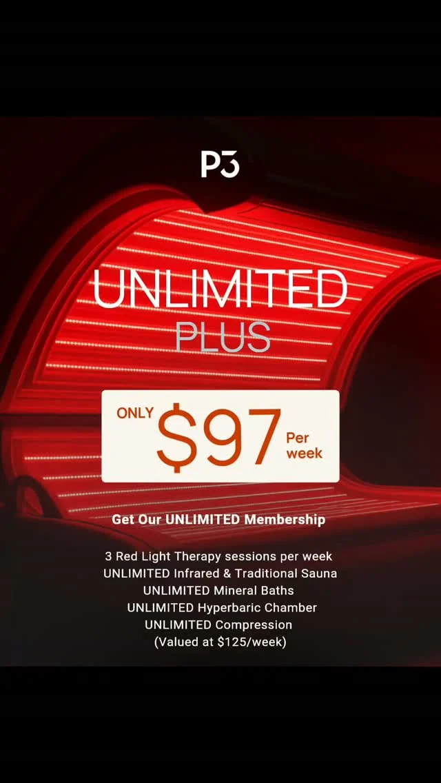 Wellness isn't a one-off. Recovery isn't either. 🔴

Introducing UNLIMITED PLUS — your all-access pass to everything P3 offers for total wellness and recovery.
✔️ 3 Red Light sessions/week
✔️ Unlimited Infrared & Traditional Sauna
✔️ Unlimited Mineral Baths
✔️ Unlimited Hyperbaric Chamber
✔️ Unlimited Compression

All for $97/week (valued at $125/week).
Real wellness and recovery is built on consistency, not convenience.
📍 P3 Recovery Richmond