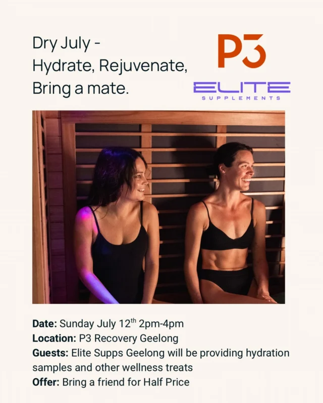 Head down tomorrow for Dry July with P3 Geelong & Elite Supps Geelong ✨

📍P3 Geelong 
📆 Sunday 12th July
⏰ 2-4pm 
🧋Elite Supps serving up hydration samples & other wellness treats

💵 Bring a mate for 50% off 

#p3geelong #p3recovery #recovery #p3 @elitesuppsgeelong