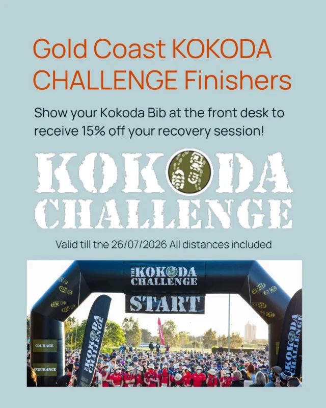 Congratulations to everyone who will compete in the Gold Coast Kokoda Challenge this weekend! What an incredible achievement. 💪👏
Whether you tackled 18km, 30km, 48km or the full 96km, your body has earned some well-deserved recovery.
To help you recover, we’re offering 15% OFF all recovery services for one week to all Gold Coast Kokoda Challenge finishers!
💧 Magnesium Contrast Recovery Pools
🔥 Infrared & Traditional Saunas
🦵 Compression Therapy
Simply show us your Kokoda Bib or proof of participation to redeem your discount.