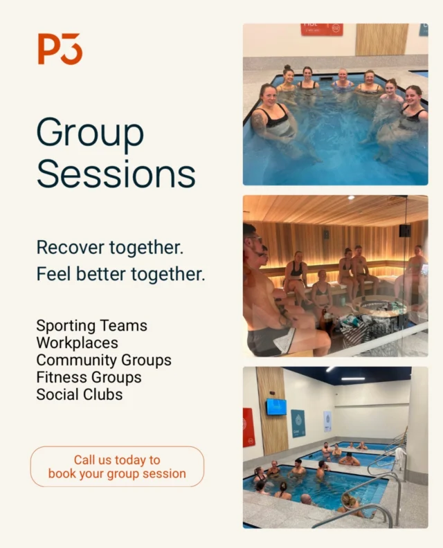 Looking for a unique way to bring your group together?

Whether you’re a sporting team, workplace, social group, community group or fitness club, a group recovery session at P3 is the perfect way to relax, recover and connect.

Our group bookings include access to our hot and cold magnesium pools and our traditional sauna.

• Minimum of 10 people required.
• Perfect for teams, workplaces and social groups.
• Private group bookings available.

Contact us today for more details or to book your group recovery session.

#recovery #team #group #social #community