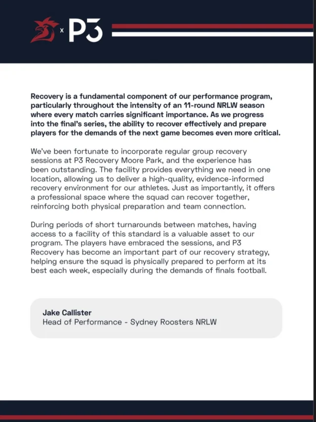 Nothing speaks louder than the words of the people who experience it firsthand. 🙌

A huge thank you to the Sydney Roosters for trusting P3 Recovery to support your recovery and performance. It means so much to receive feedback like this and to play a small part in helping athletes feel and perform at their best.

Whether you’re an elite athlete or simply looking to recover better, move better, and feel your best, our doors are open to everyone.

Thank you for your kind words and ongoing support. 💙

@sydneyroosters 

#P3Recovery #RecoveryDoneRight #SydneyRoosters #Recovery #Wellness Performance ContrastTherapy InfraredSauna RecoveryJourney