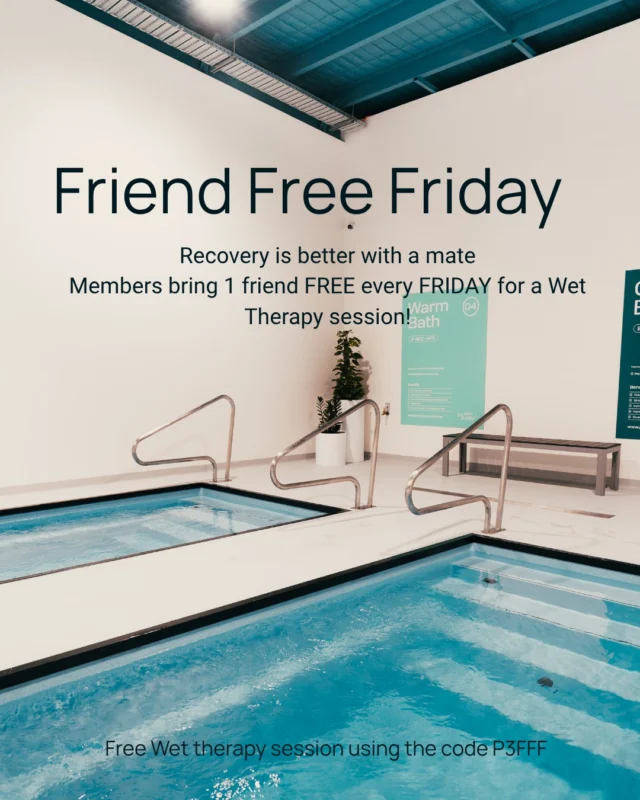 Every Friday, Members can bring a friend for a FREE Wet Therapy session using the code P3FFF. Tag your friends you would like to enjoy recovery with.

T&Cs apply. Bookings Essential